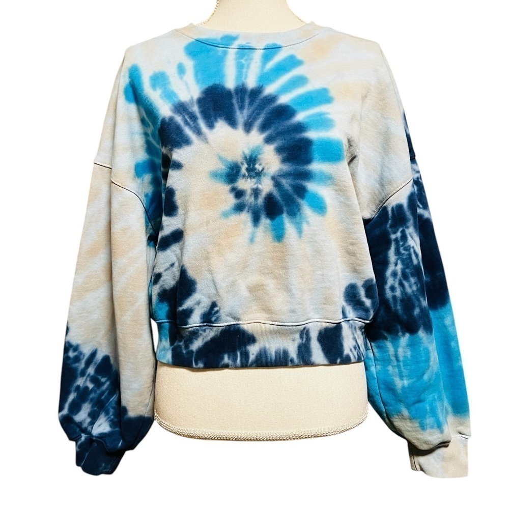 AGOLDE BLUE & TAN TIE DYE BALLON SLEEVE CROP SWEATSH SIZE SMALL